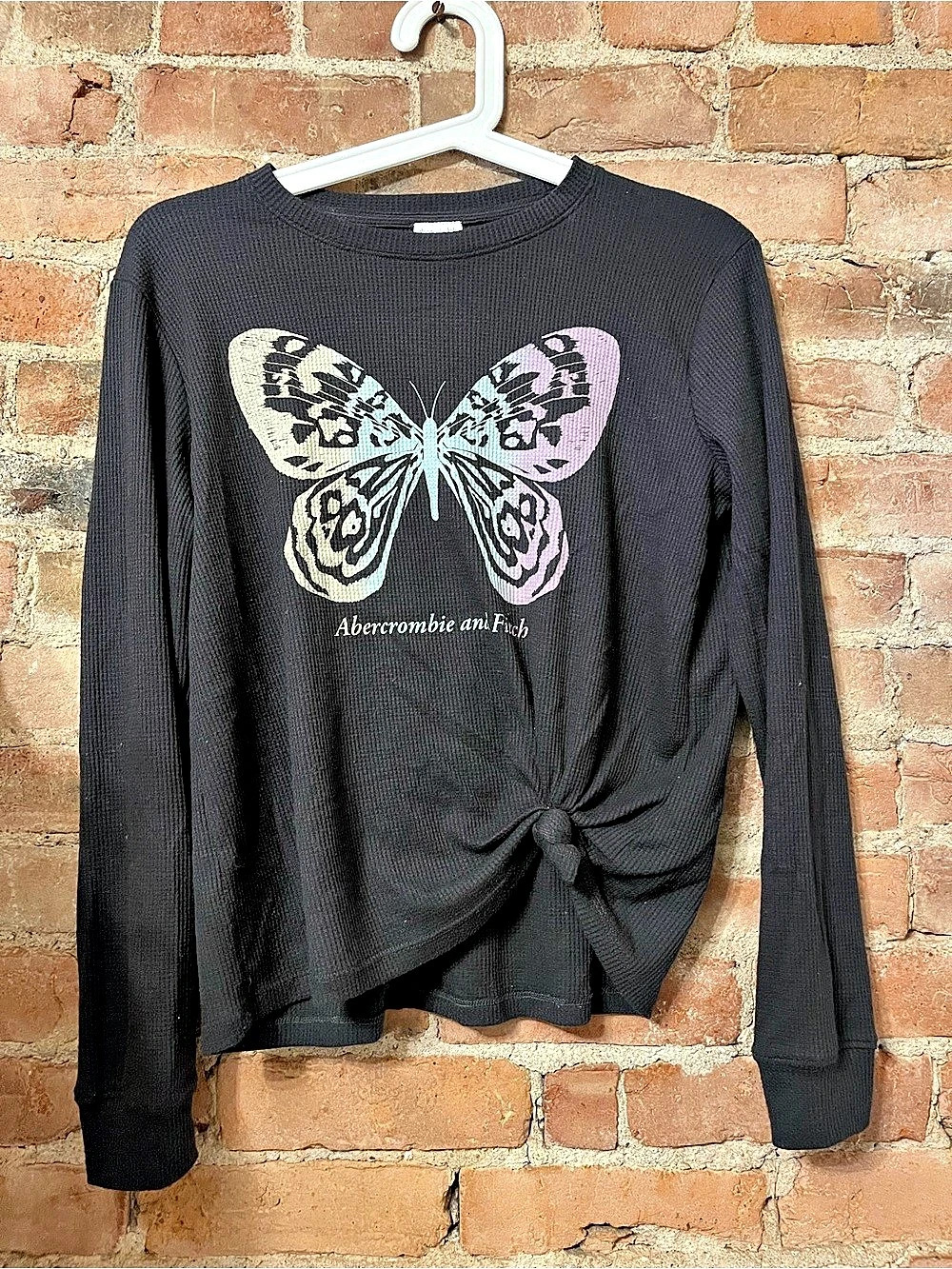 Abercrombie Kids 11/12 Navy Waffle Knit Butterfly Long Sleeve Top